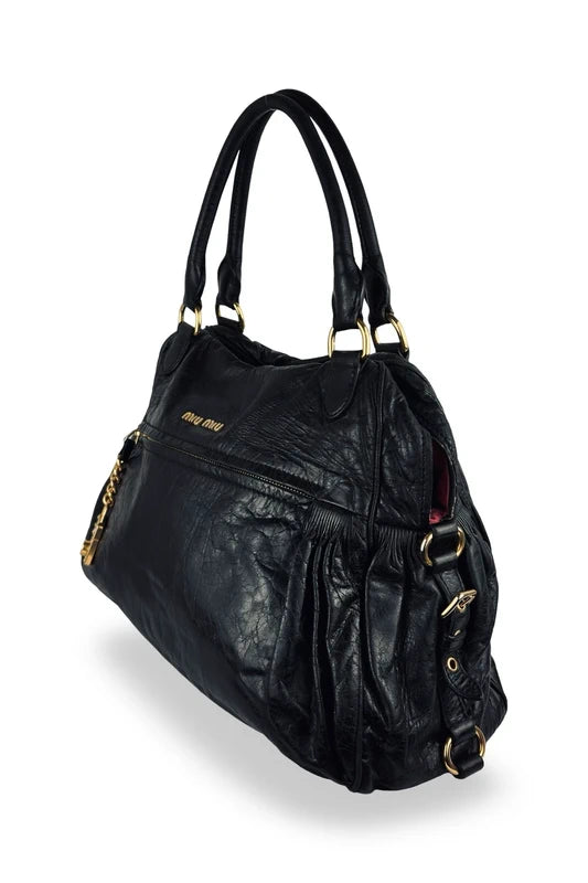 Miu Miu Mirtillo Nappa Leather Black Distressed Charm Shoulder Bag