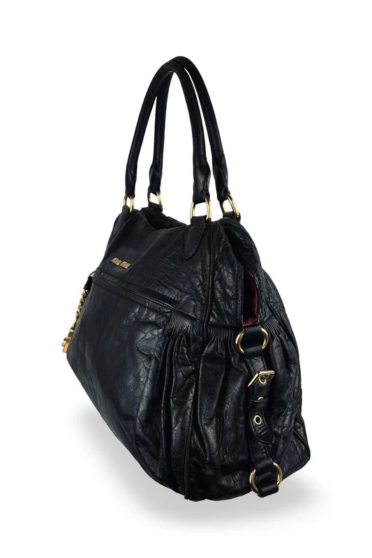 Miu Miu Mirtillo Nappa Leather Black Distressed Charm Shoulder Bag