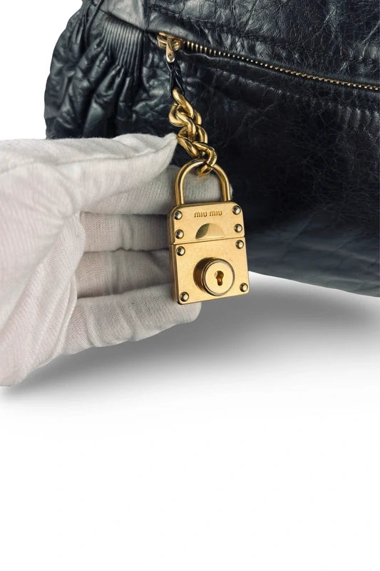 Miu Miu Mirtillo Nappa Leather Black Distressed Charm Shoulder Bag