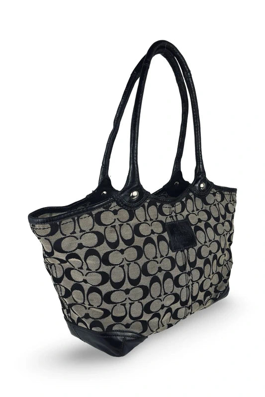 Coach Black & Grey Bleecker Canvas & Patent Leather Signature Tote Shoulder Bag