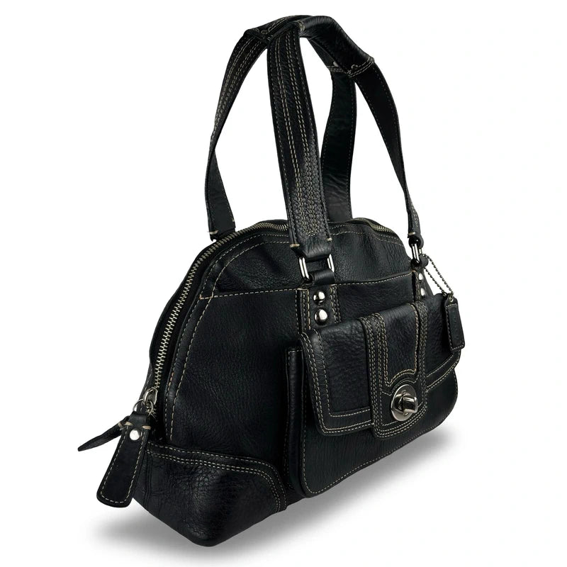 Coach Black Hampton Dome Pebbled Leather Turnlock Satchel Shoulder Bag