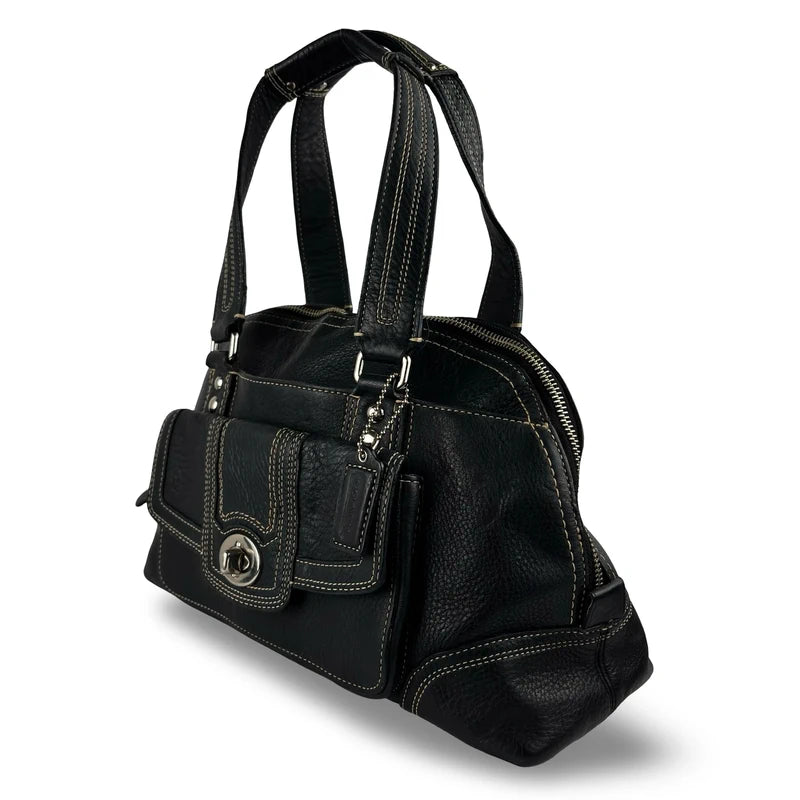 Coach Black Hampton Dome Pebbled Leather Turnlock Satchel Shoulder Bag