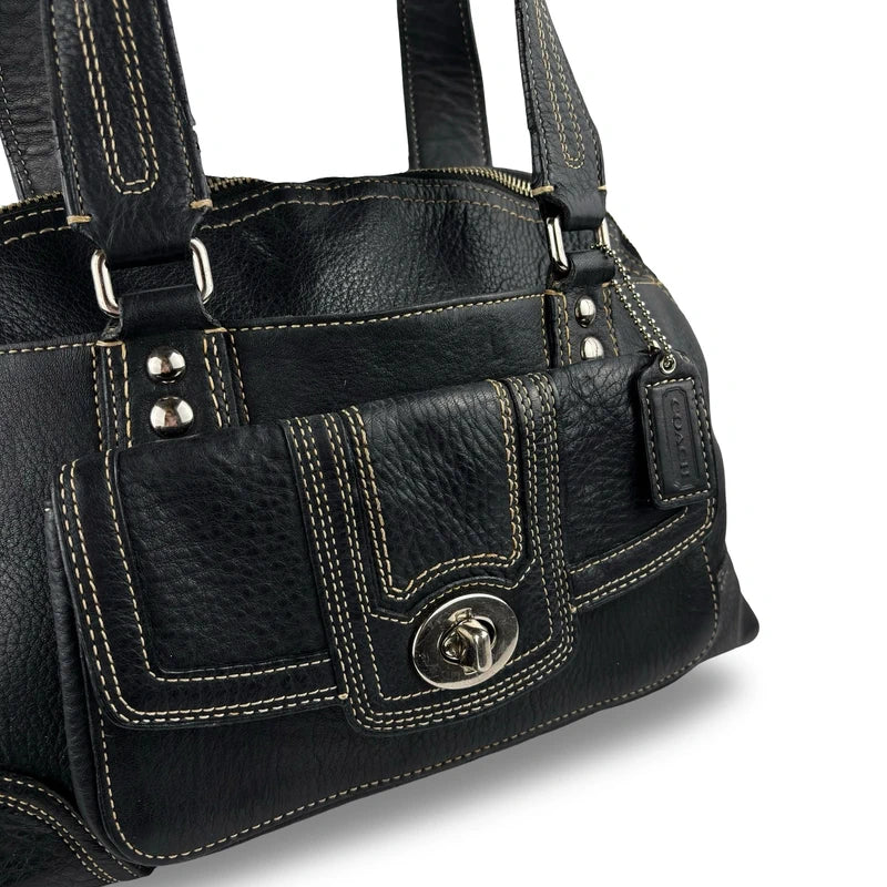 Coach Black Hampton Dome Pebbled Leather Turnlock Satchel Shoulder Bag