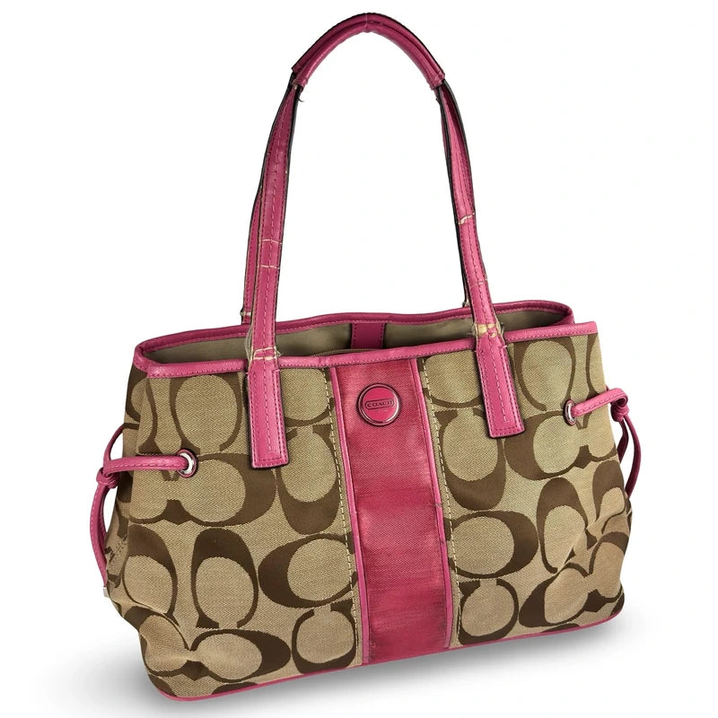 Coach Brown Khaki & Pink Signature Canvas & Patent Leather Tote Carryall Shoulder Bag