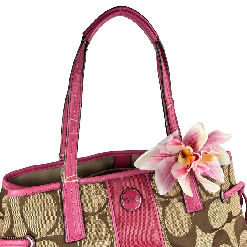 Coach Brown Khaki & Pink Signature Canvas & Patent Leather Tote Carryall Shoulder Bag