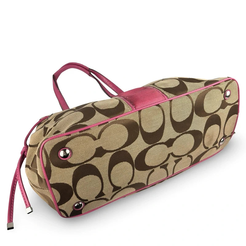 Coach Brown Khaki & Pink Signature Canvas & Patent Leather Tote Carryall Shoulder Bag