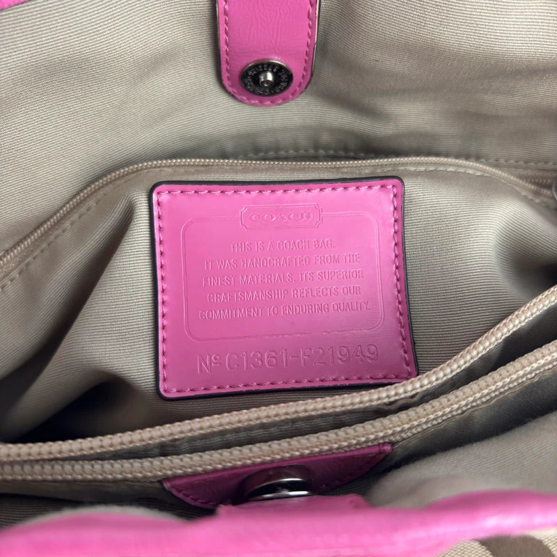 Coach Brown Khaki & Pink Signature Canvas & Patent Leather Tote Carryall Shoulder Bag