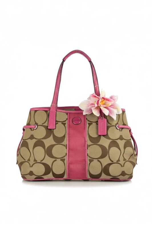 Coach Brown Khaki & Pink Signature Canvas & Patent Leather Tote Carryall Shoulder Bag