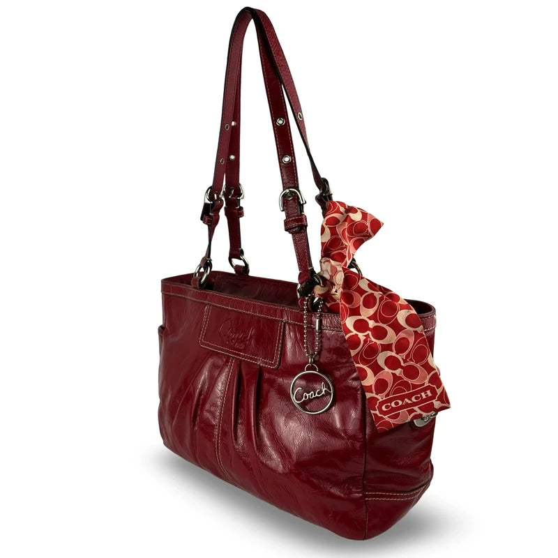 Coach Rare Red Vintage Gallery 2009 Patent Leather Tote Shoulder Bag & Scarf