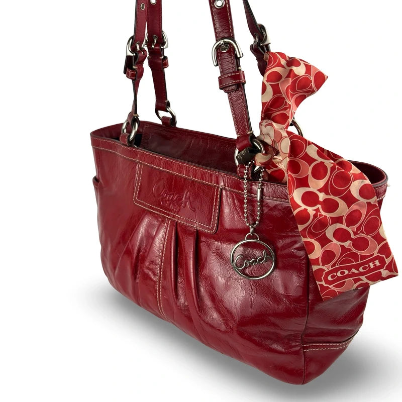 Coach Rare Red Vintage Gallery 2009 Patent Leather Tote Shoulder Bag & Scarf