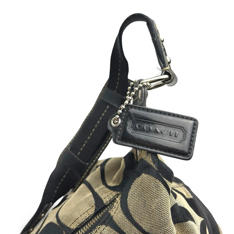 Coach Black & Grey Signature Stripe Vintage Canvas & Patent Leather Shoulder Bag