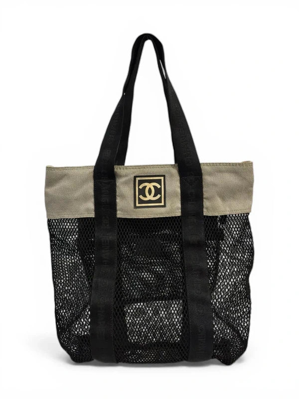 Chanel Rare 2003 Sports Line Vintage Canvas & Mesh Grey & Black CC Tote Shoulder Bag