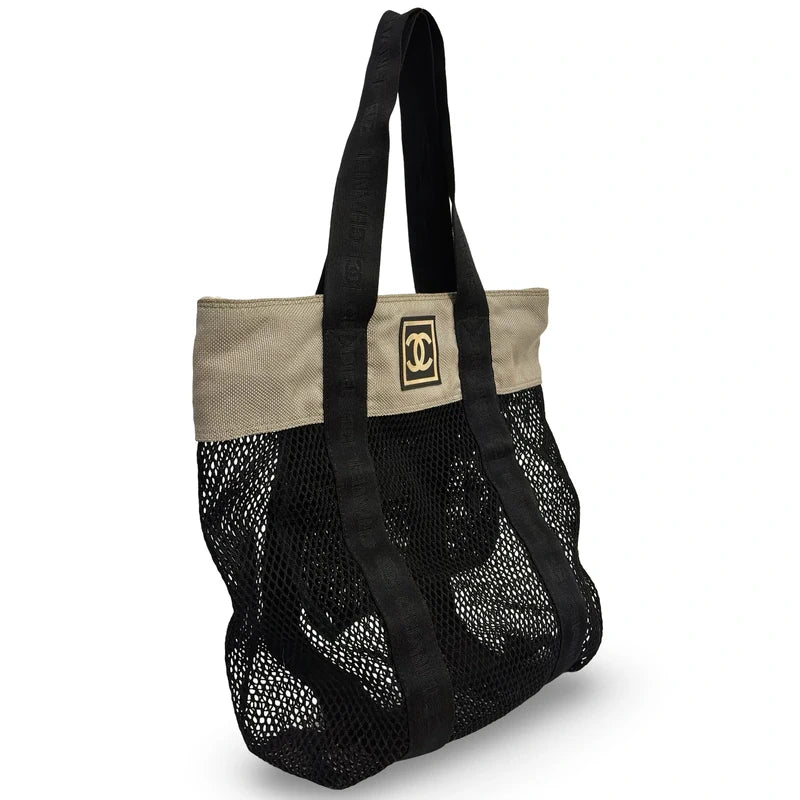 Chanel Rare 2003 Sports Line Vintage Canvas & Mesh Grey & Black CC Tote Shoulder Bag