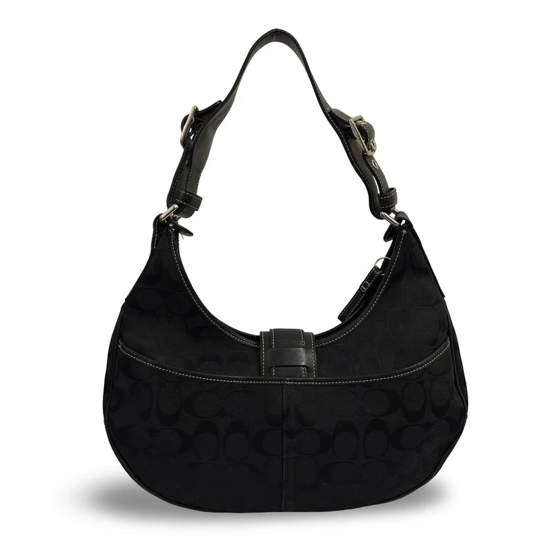 Coach Black Signature Soho Canvas & Leather Vintage Buckle Hobo Shoulder Bag