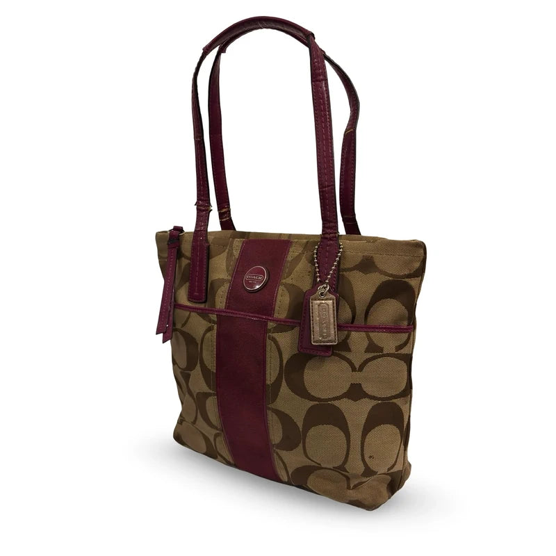 Coach Brown & Pink (Berry) Signature Stripe Vintage Tote Shoulder Bag