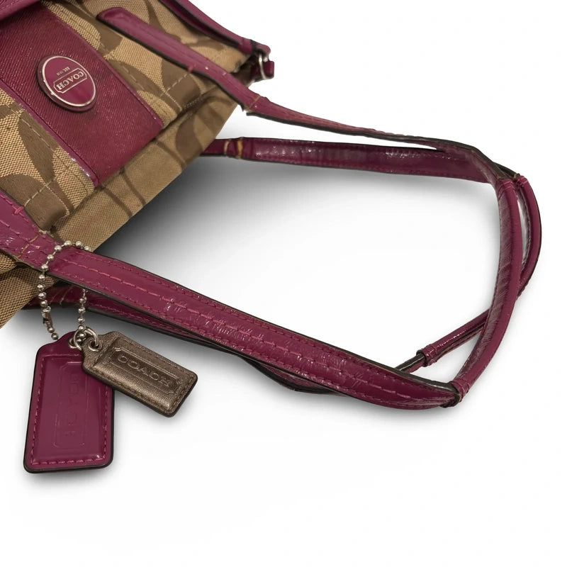 Coach Brown & Pink (Berry) Signature Stripe Vintage Tote Shoulder Bag