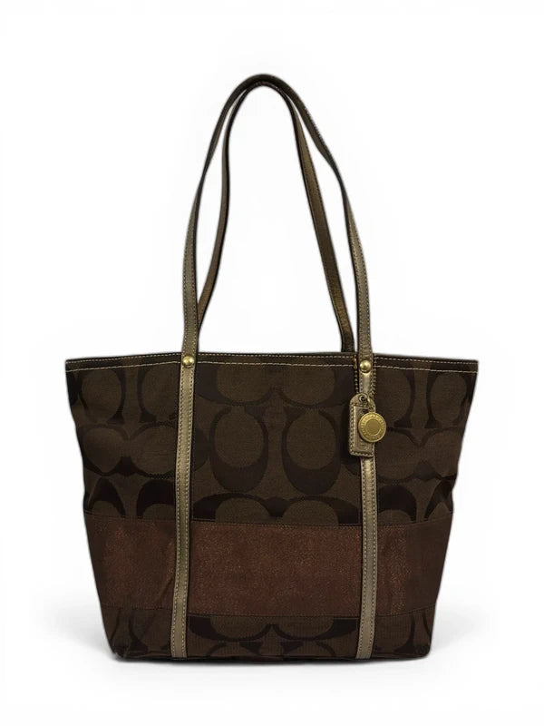 Coach Dark Brown Signature Metallic Stripe Canvas & Leather Tote Shoulder Bag