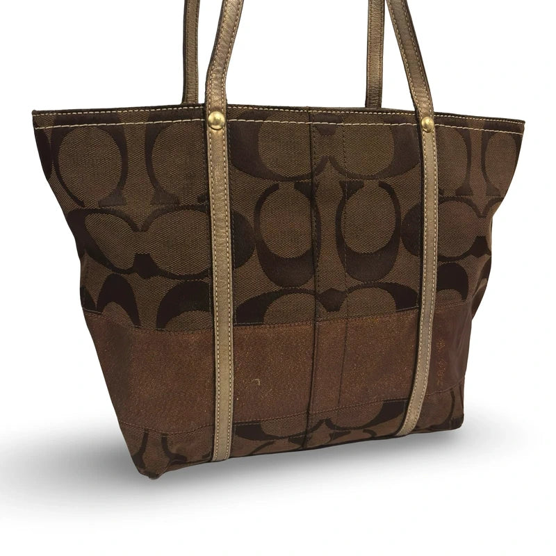 Coach Dark Brown Signature Metallic Stripe Canvas & Leather Tote Shoulder Bag