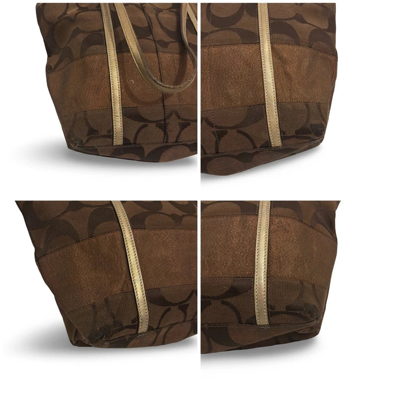 Coach Dark Brown Signature Metallic Stripe Canvas & Leather Tote Shoulder Bag