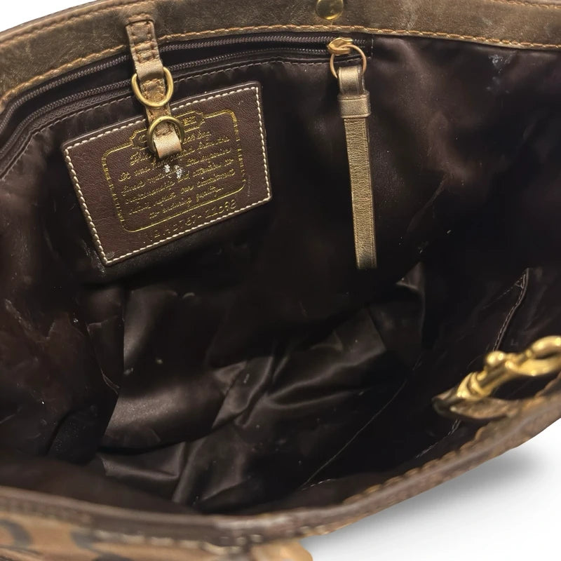 Coach Dark Brown Signature Metallic Stripe Canvas & Leather Tote Shoulder Bag
