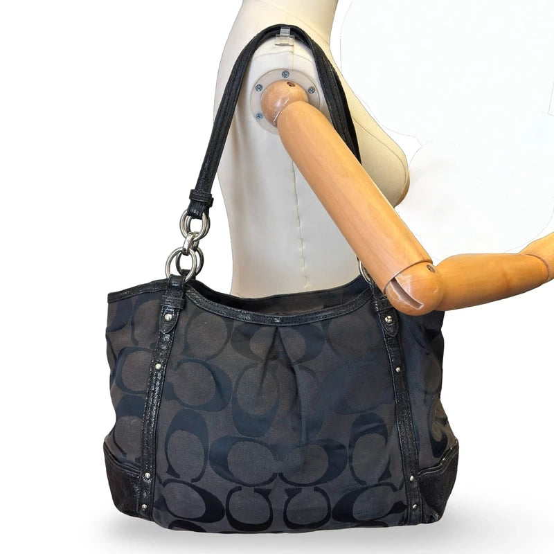 Coach Black Alexandra Signature Canvas & Croc Animal Print Leather Studded Tote Vintage Shoulder Bag