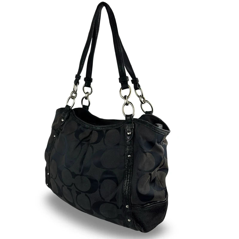 Coach Black Alexandra Signature Canvas & Croc Animal Print Leather Studded Tote Vintage Shoulder Bag