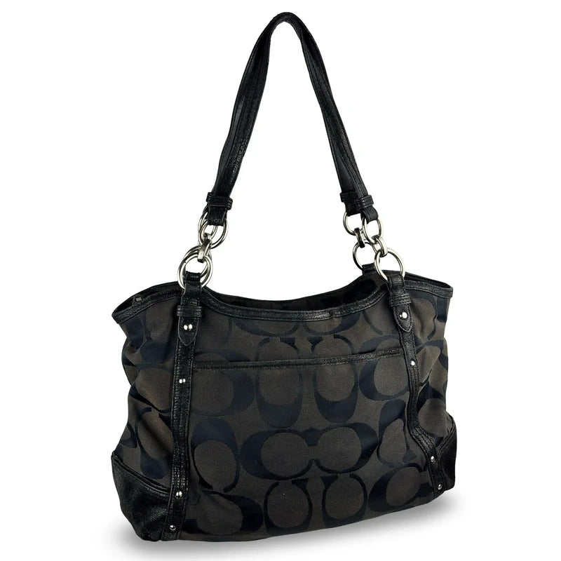 Coach Black Alexandra Signature Canvas & Croc Animal Print Leather Studded Tote Vintage Shoulder Bag