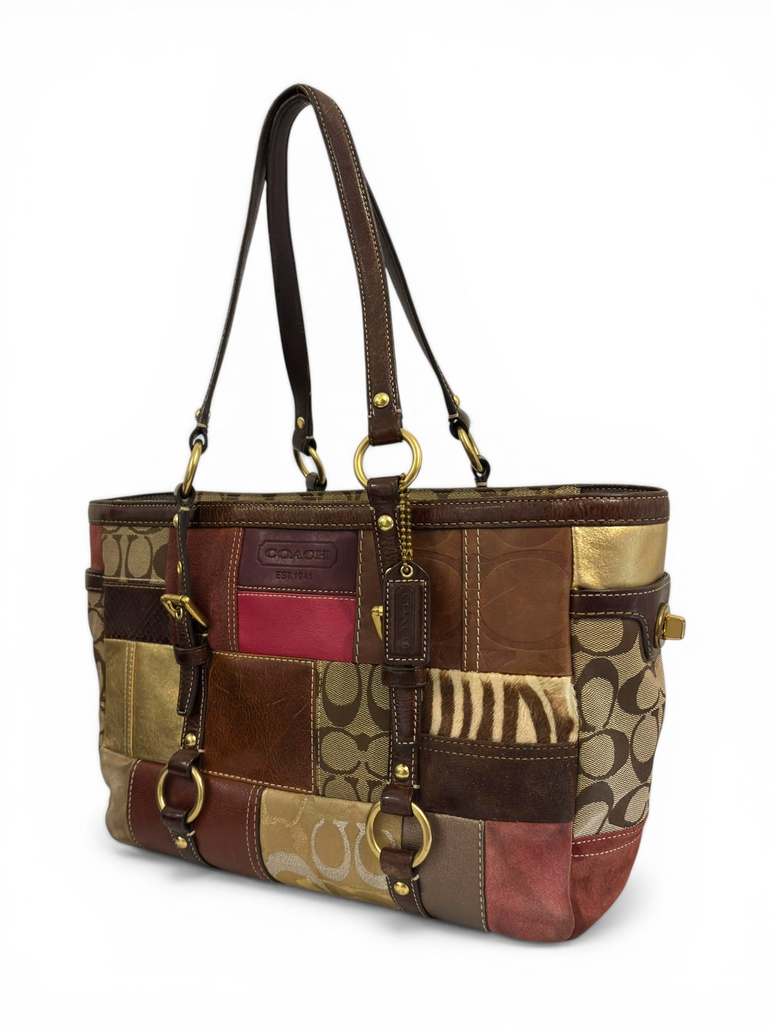 Coach Rare Limited Edition Holiday Legacy Pony Hair Patchwork Brown Red Tote Shoulder Bag