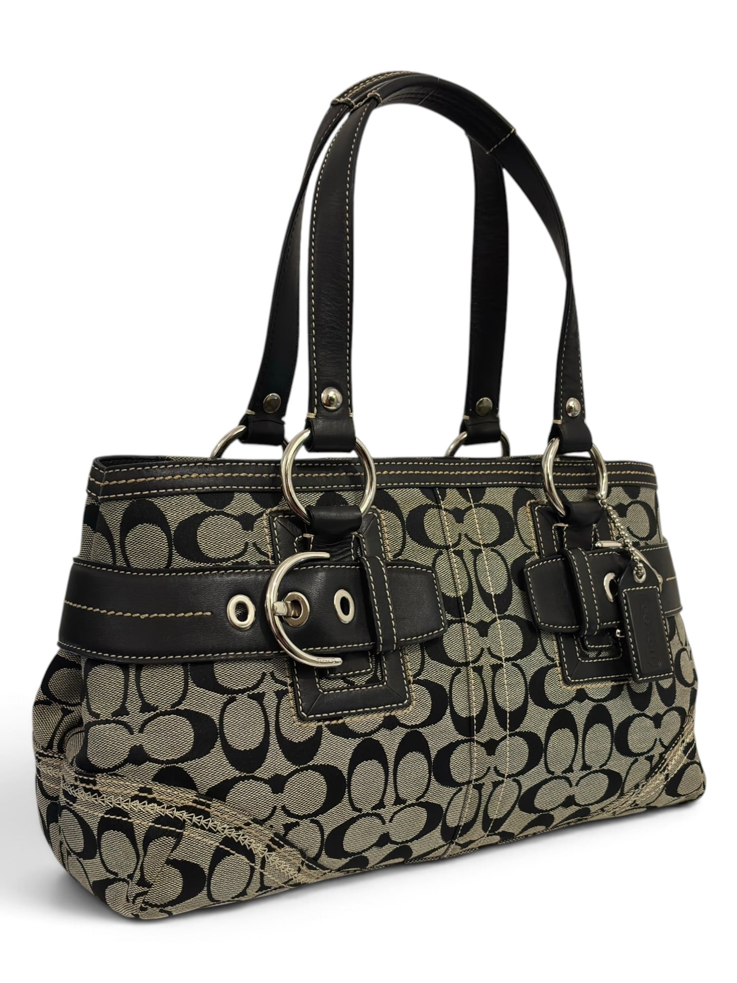 Vintage Coach Bag Y2K Signature Canvas Black Leather Shoulder Soho Tote Handbag 10625