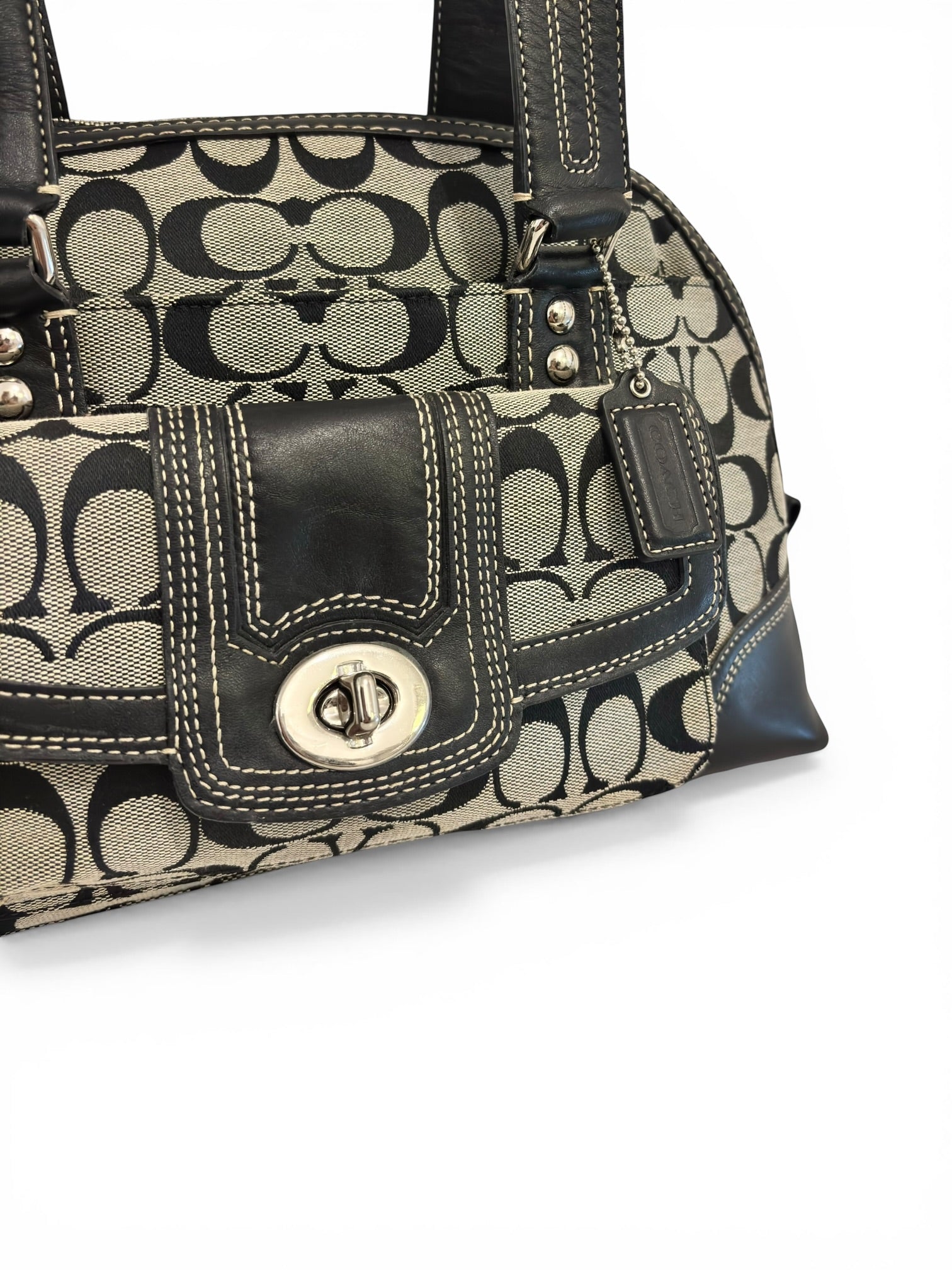 Coach Hampton Black & Grey Signature Turnlock Vintage Dome Shoulder Bag