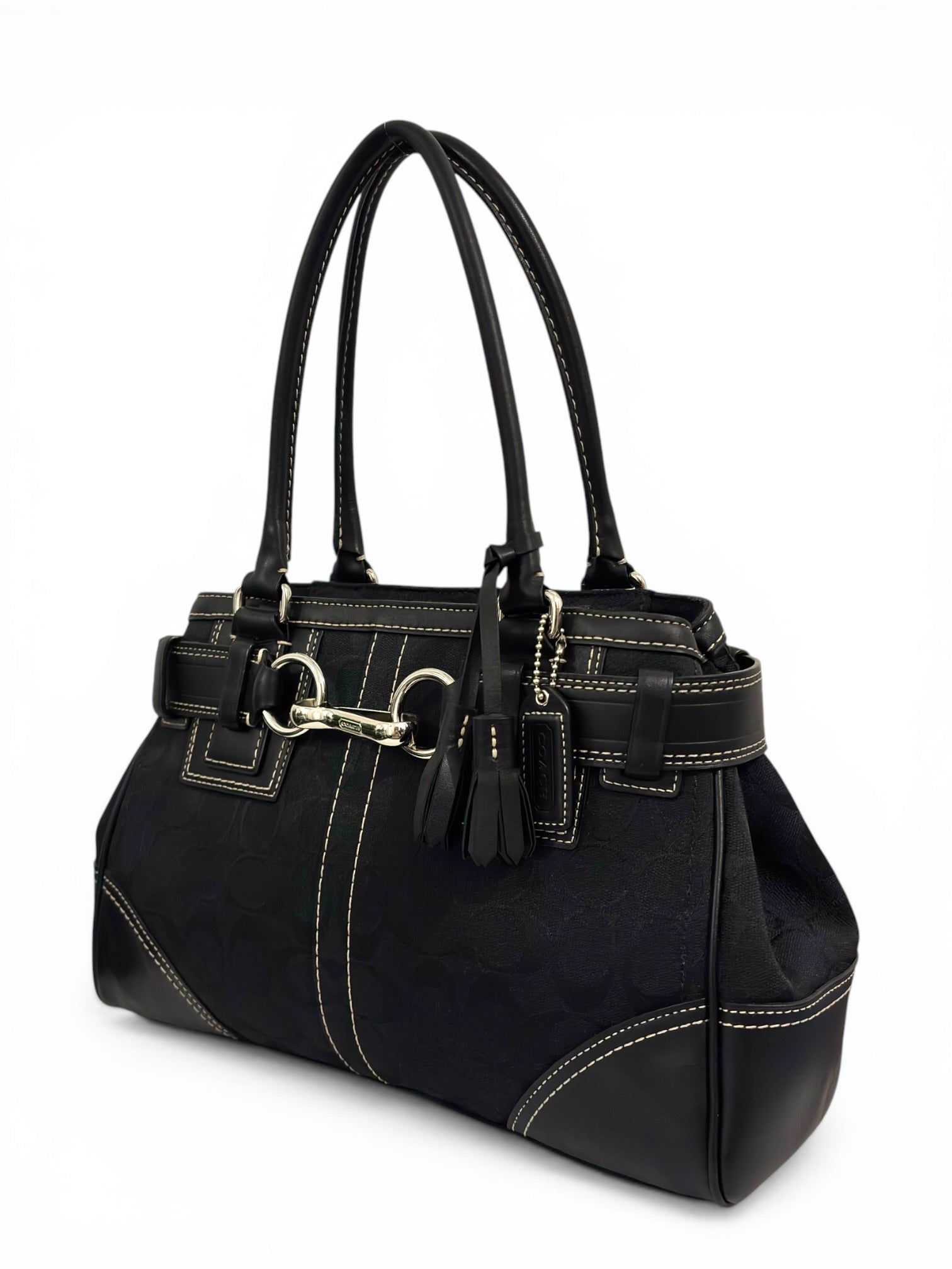 Coach Black Hampton Canvas & Leather Clip Tassel Belted Tote Shoulder Bag