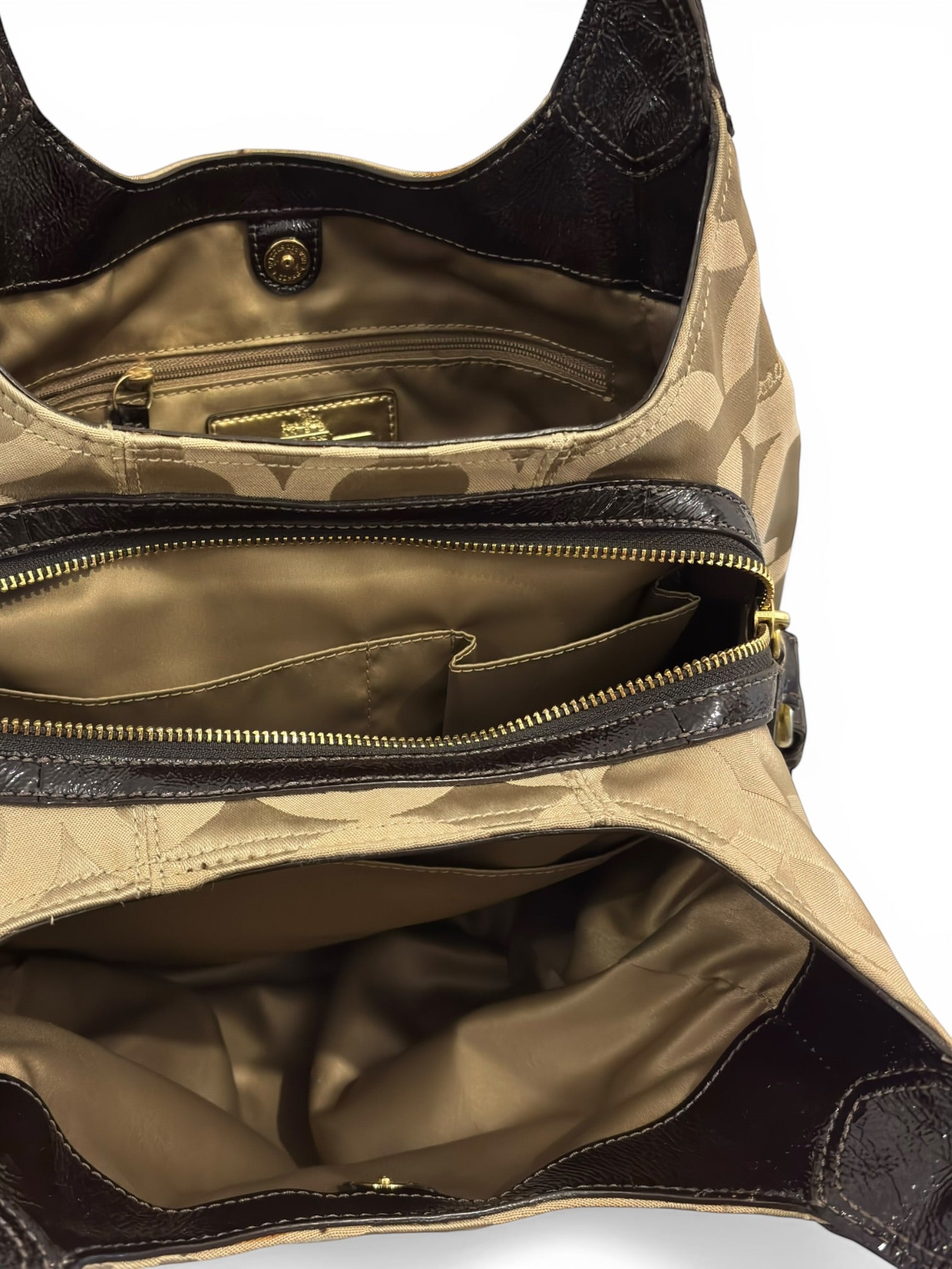 Coach Madison OP Art Sateen Maggie Brown Beige Canvas & Leather Signature Hobo Shoulder Bag