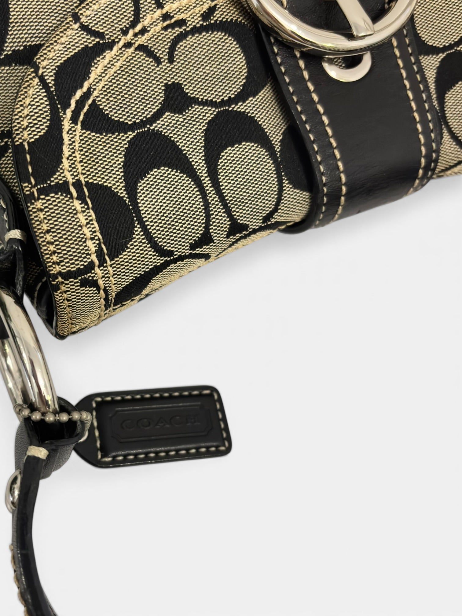 Coach Soho Signature Black & Grey Buckle Canvas & Leather Shoulder Bag