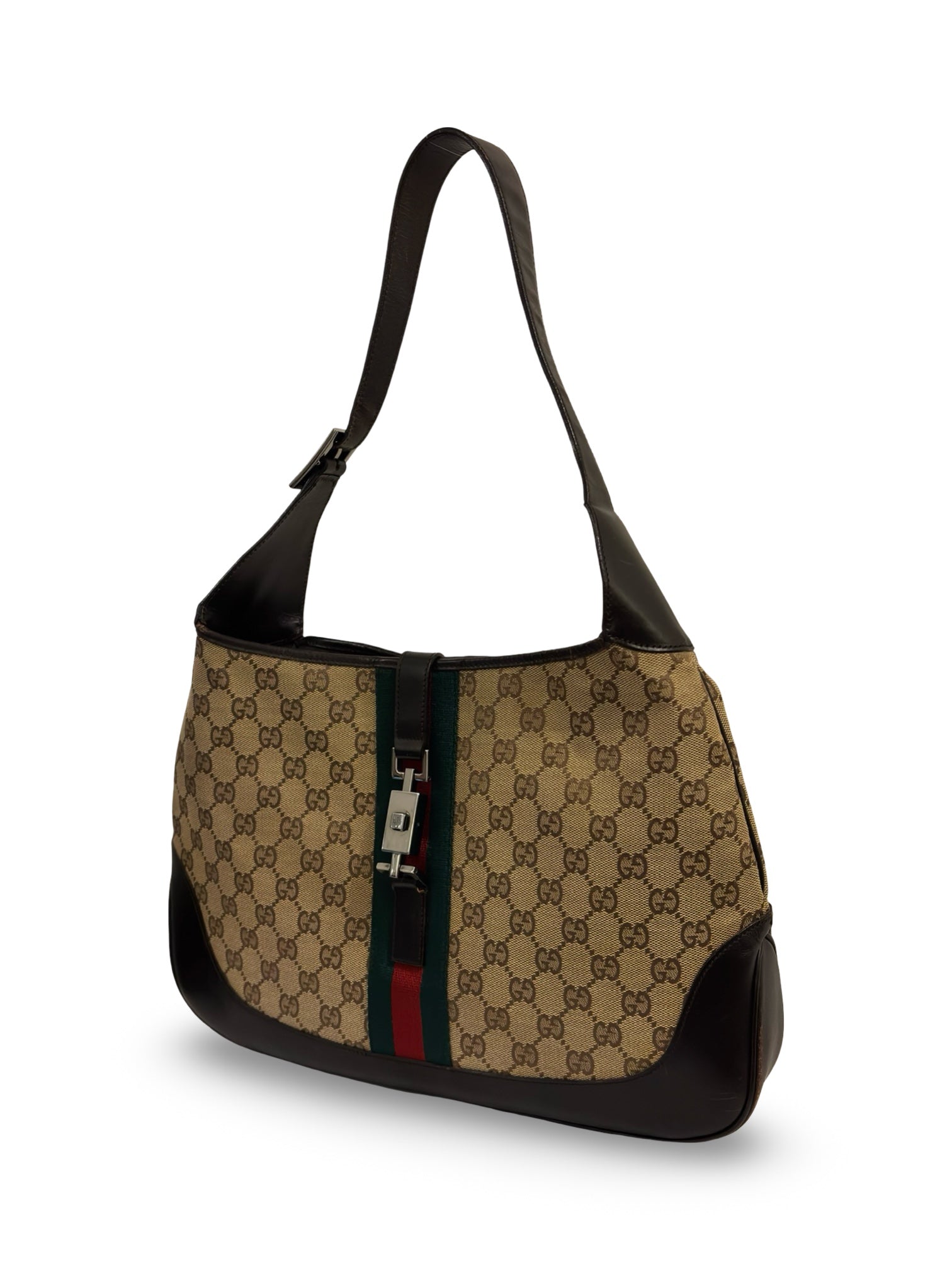 Gucci Jackie Canvas & Leather Brown Green Signature Stripe Vintage Hobo Shoulder Bag