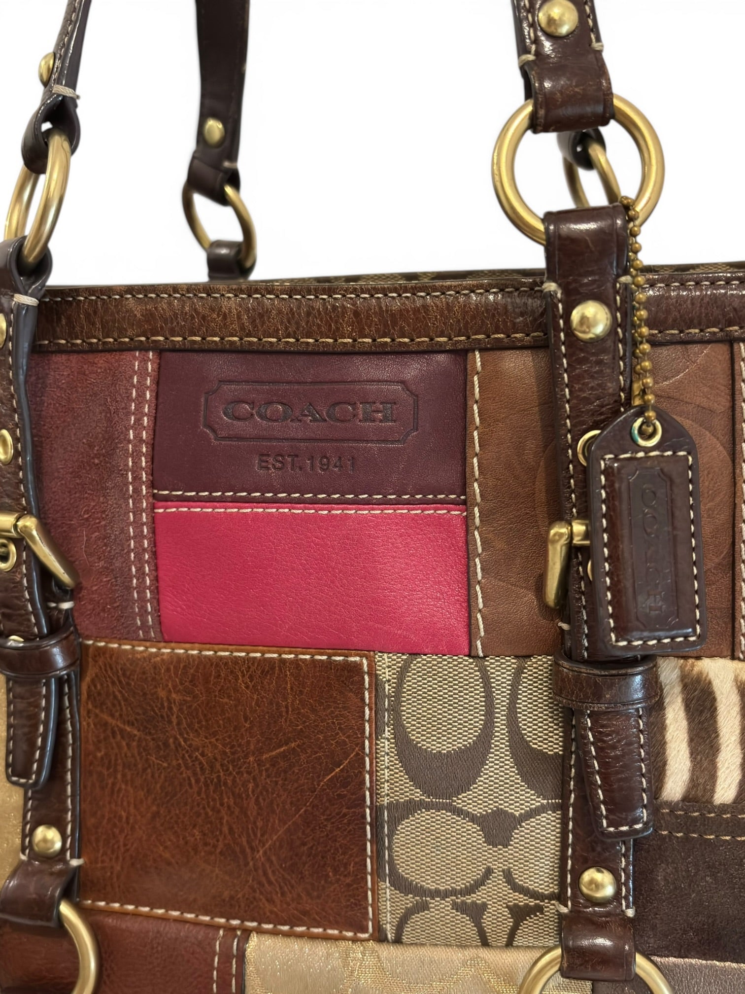 Coach Rare Limited Edition Holiday Legacy Pony Hair Patchwork Brown Red Tote Shoulder Bag