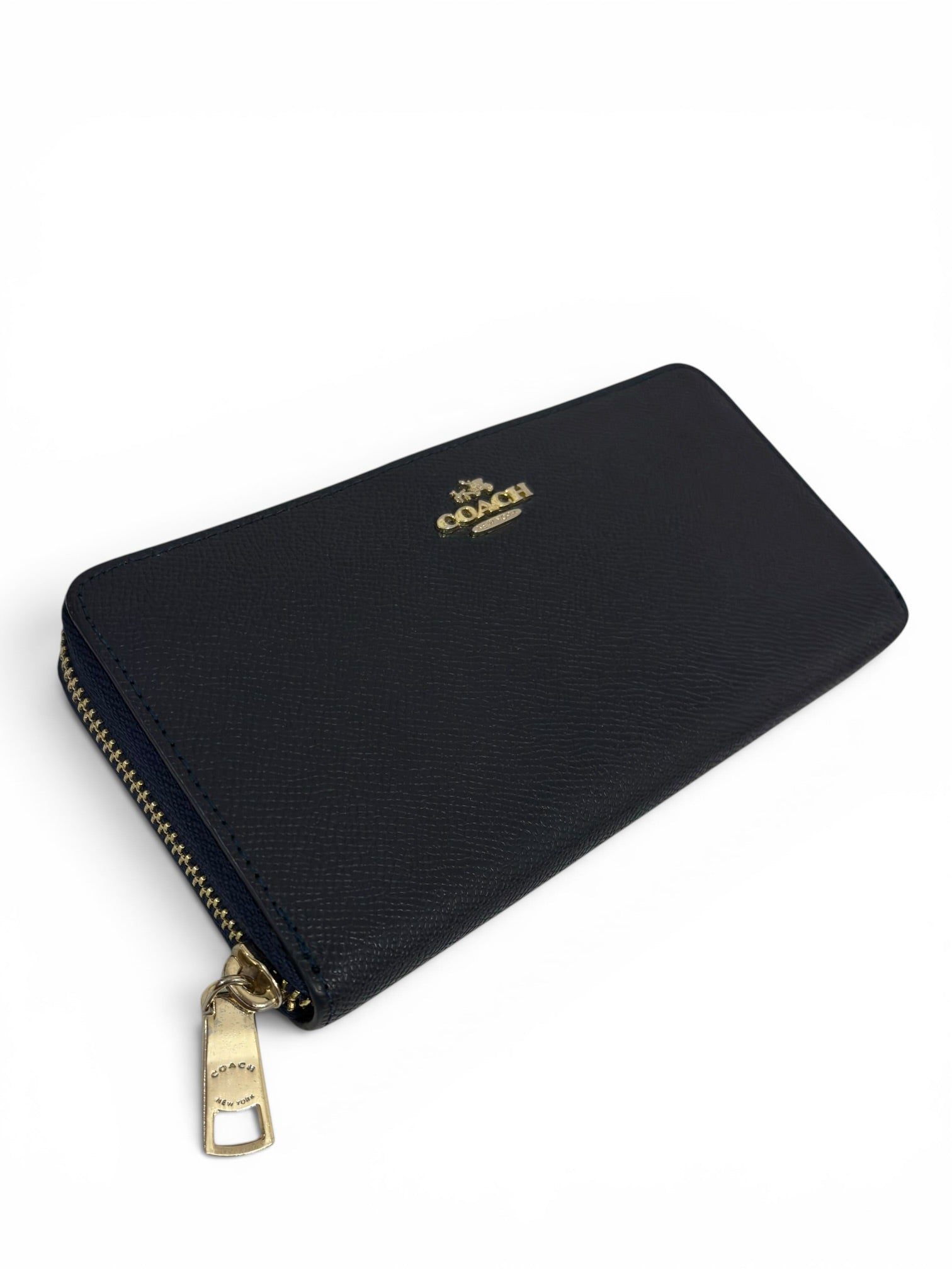 Coach (New - Boxed) Accordion Zip Wallet Midnight Blue Navy Crossgrain Leather Gold Hardware Purse