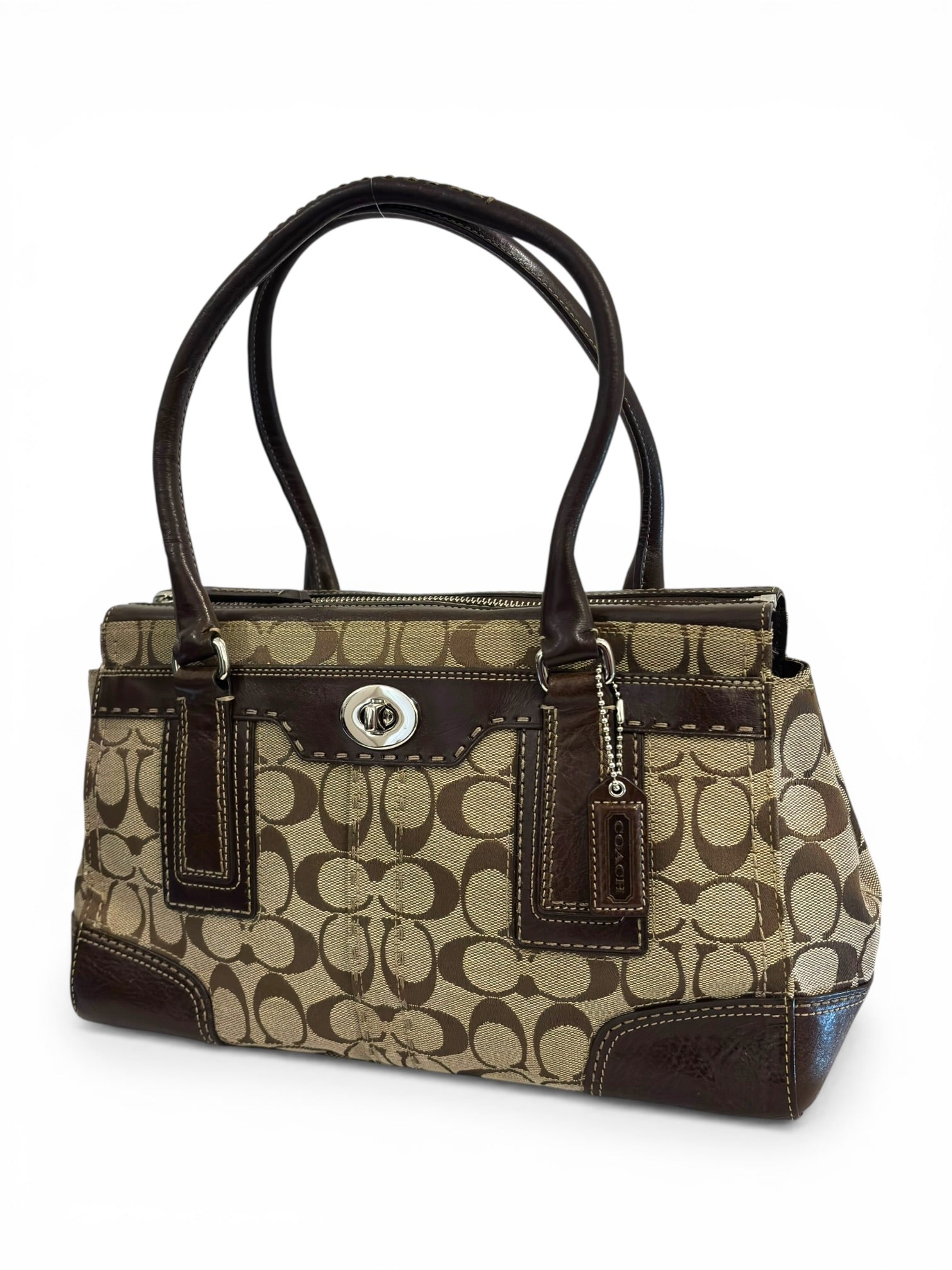 Coach Brown Signature Hamptons Turnlock Canvas & Leather Vintage Tote Shoulder Bag