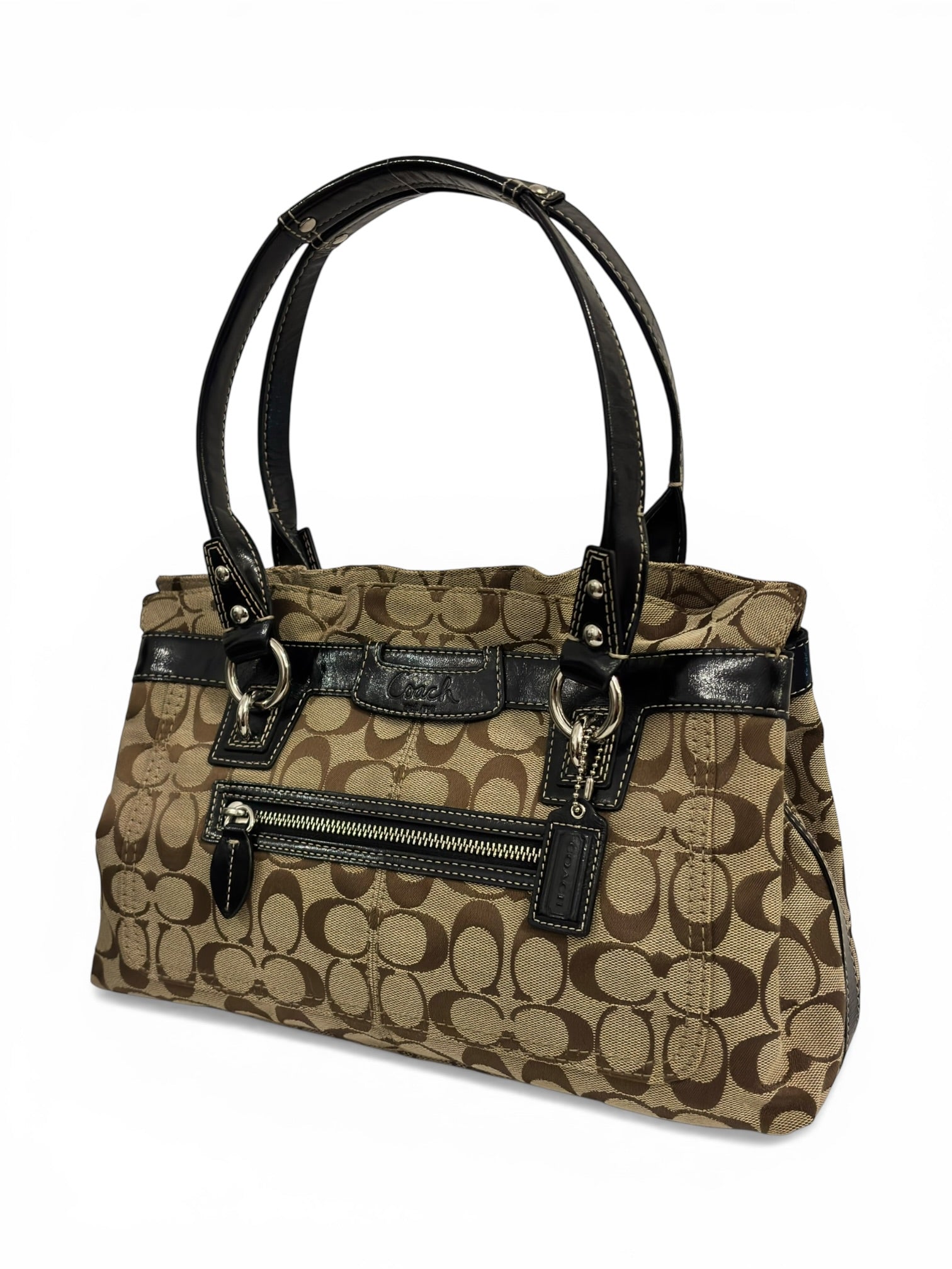 Coach 'Penelope' Signature Brown Canvas & Patent Leather Vintage Shoulder Bag