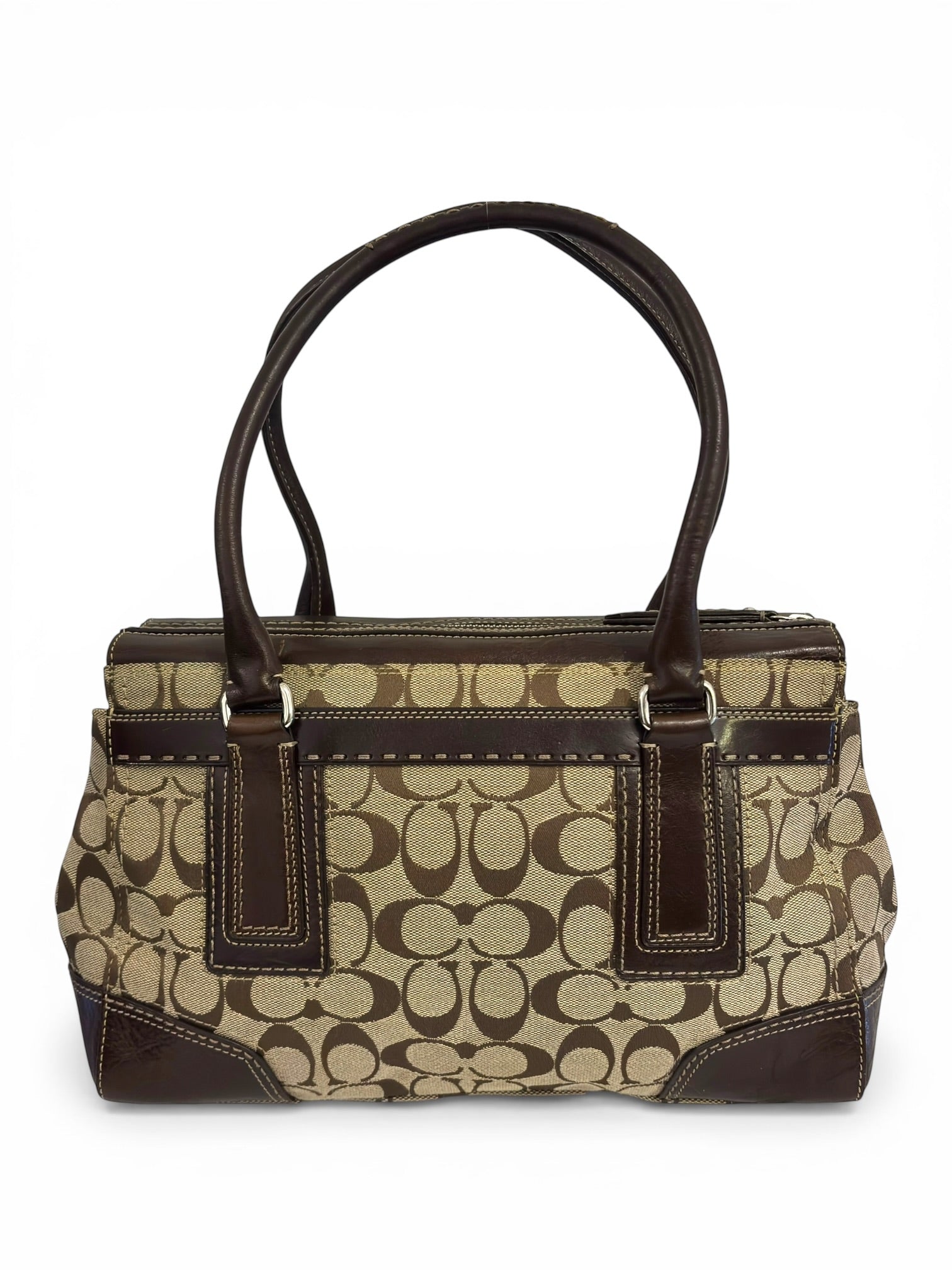 Coach Brown Signature Hamptons Turnlock Canvas & Leather Vintage Tote Shoulder Bag