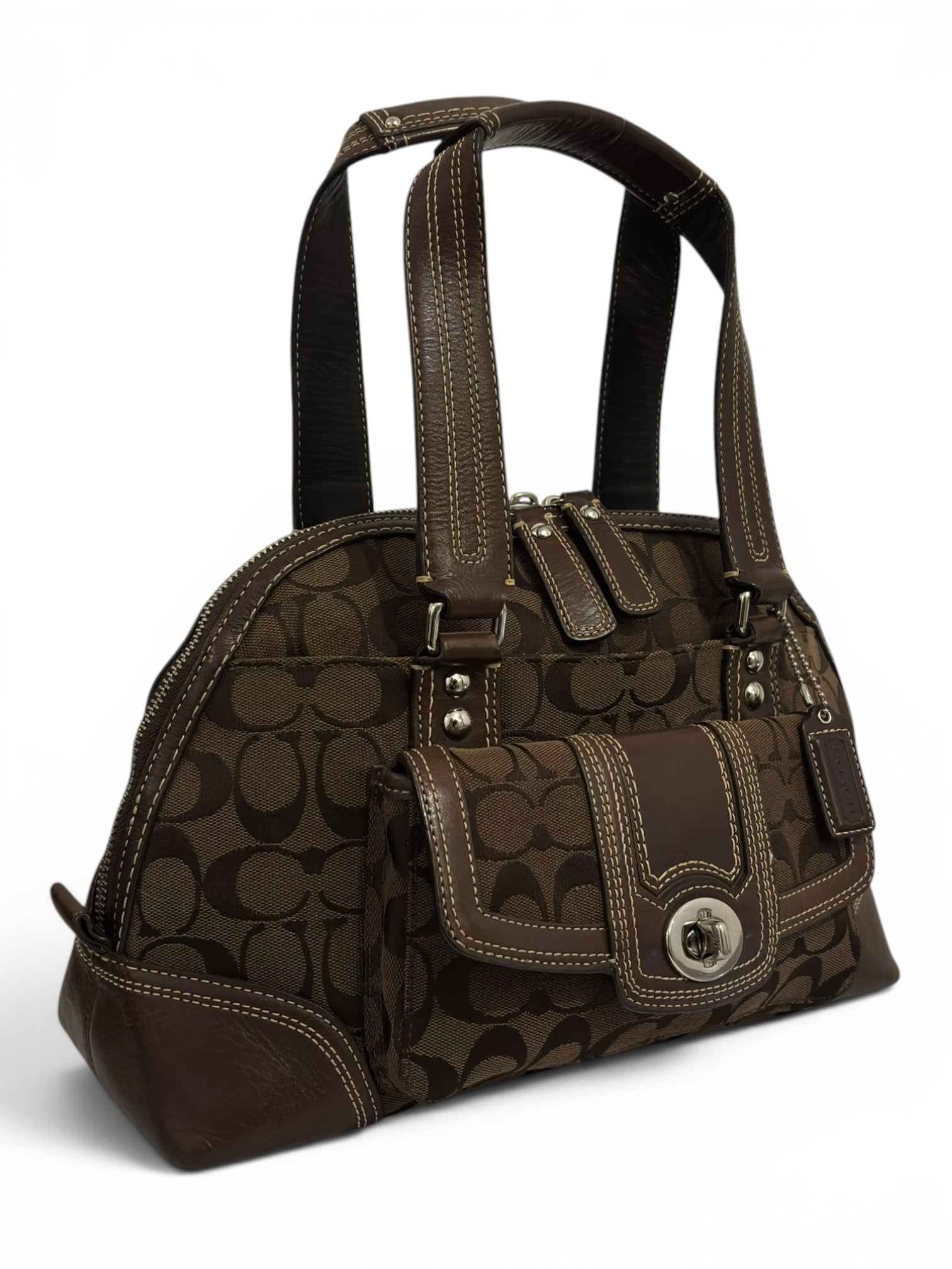 Coach Dark Brown Chocolate Signature Hamptons Canvas & Leather Dome Sh