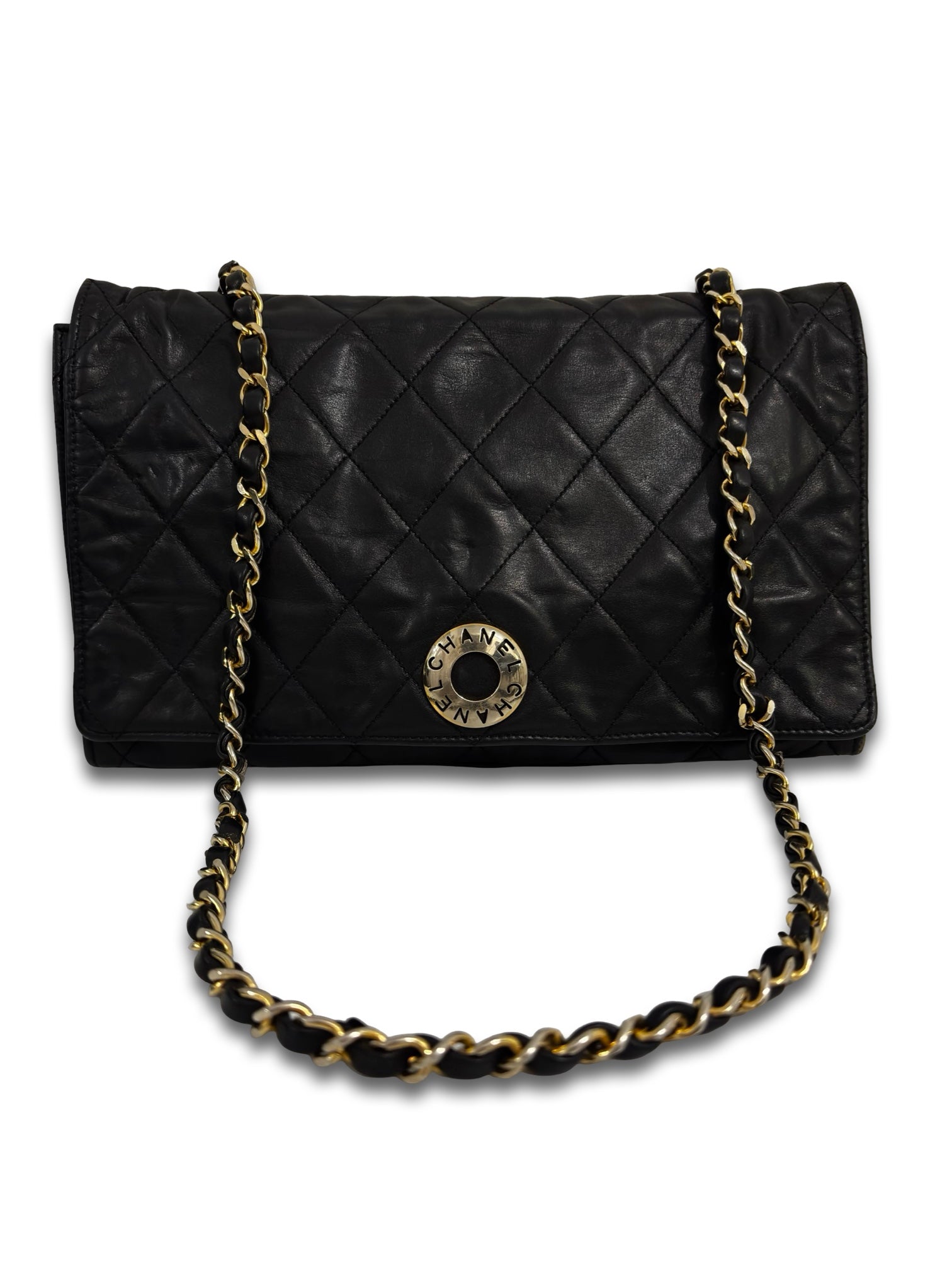 Chanel Black Quilted Vintage Matelasse Lambskin Leather Gold Chain Shoulder Bag