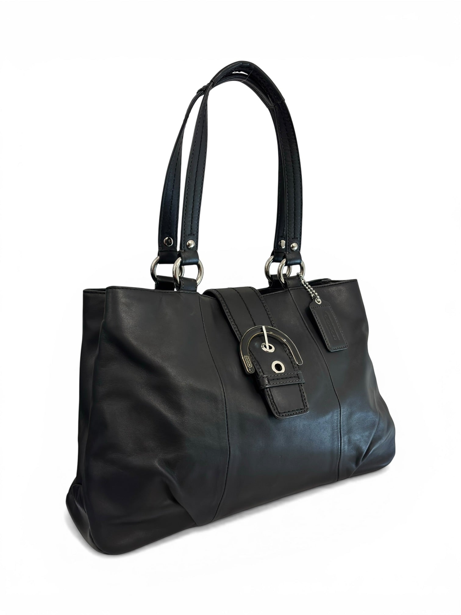 Coach Soho Black Leather Buckle East West Tote Shoulder Bag