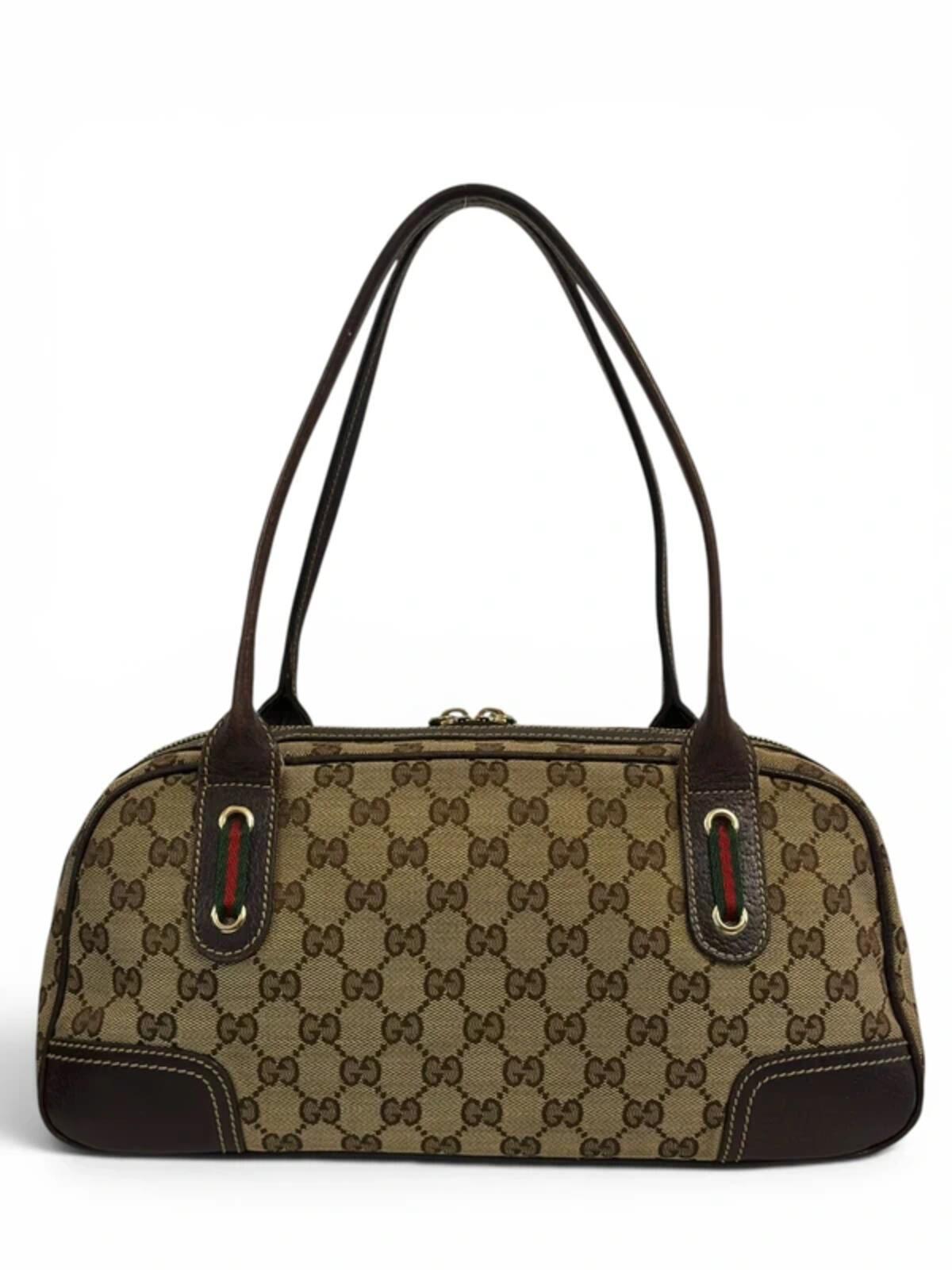 Gucci GG Brown / Beige Princy Boston Canvas & Leather Ribbon Vintage Shoulder Bag