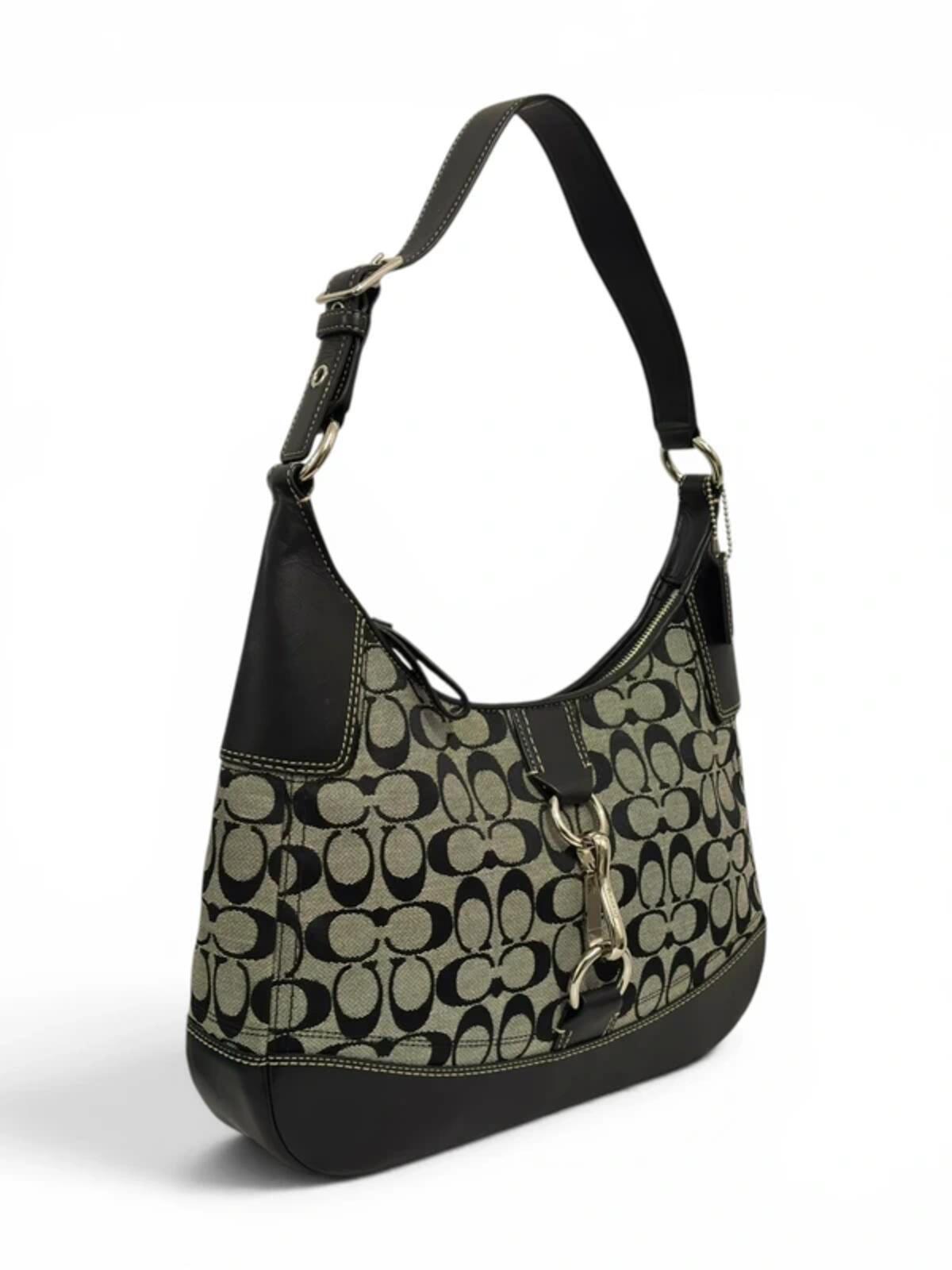 Coach Hamptons Black / Grey Canvas & Leather Clip Vintage Hobo Shoulder Bag