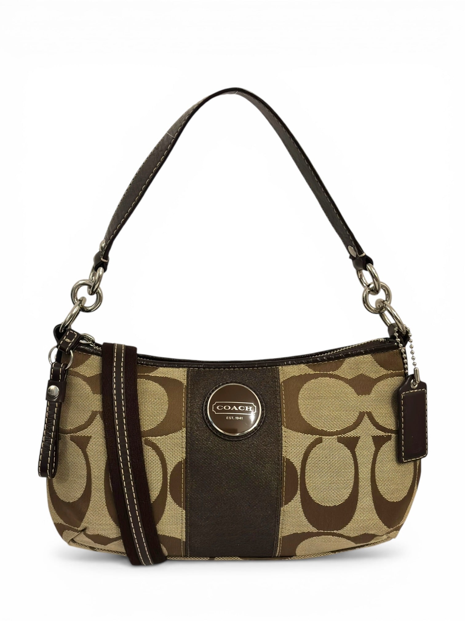 Coach Brown Signature Stripe Demi Baguette
Canvas & Patent Leather Shoulder Bag