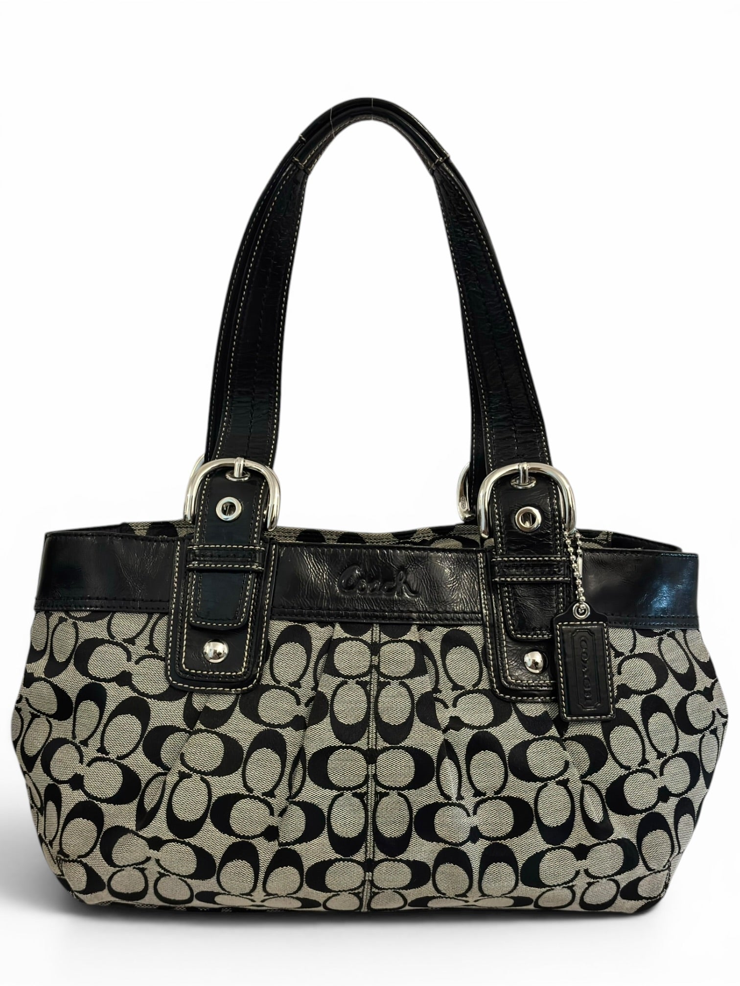 Coach Black & grey Soho Signature Pleated Canvas & Patent Leather Vintage Tote Shoulder Bag