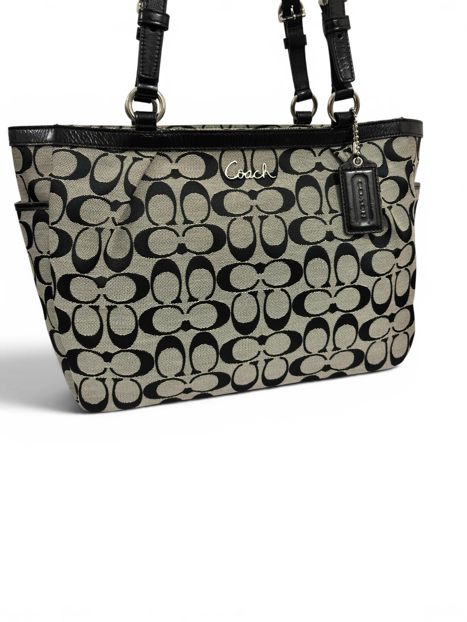 Coach Signature Black & Grey / Khaki Gallery East West Pleated Tote Shoulder Bag