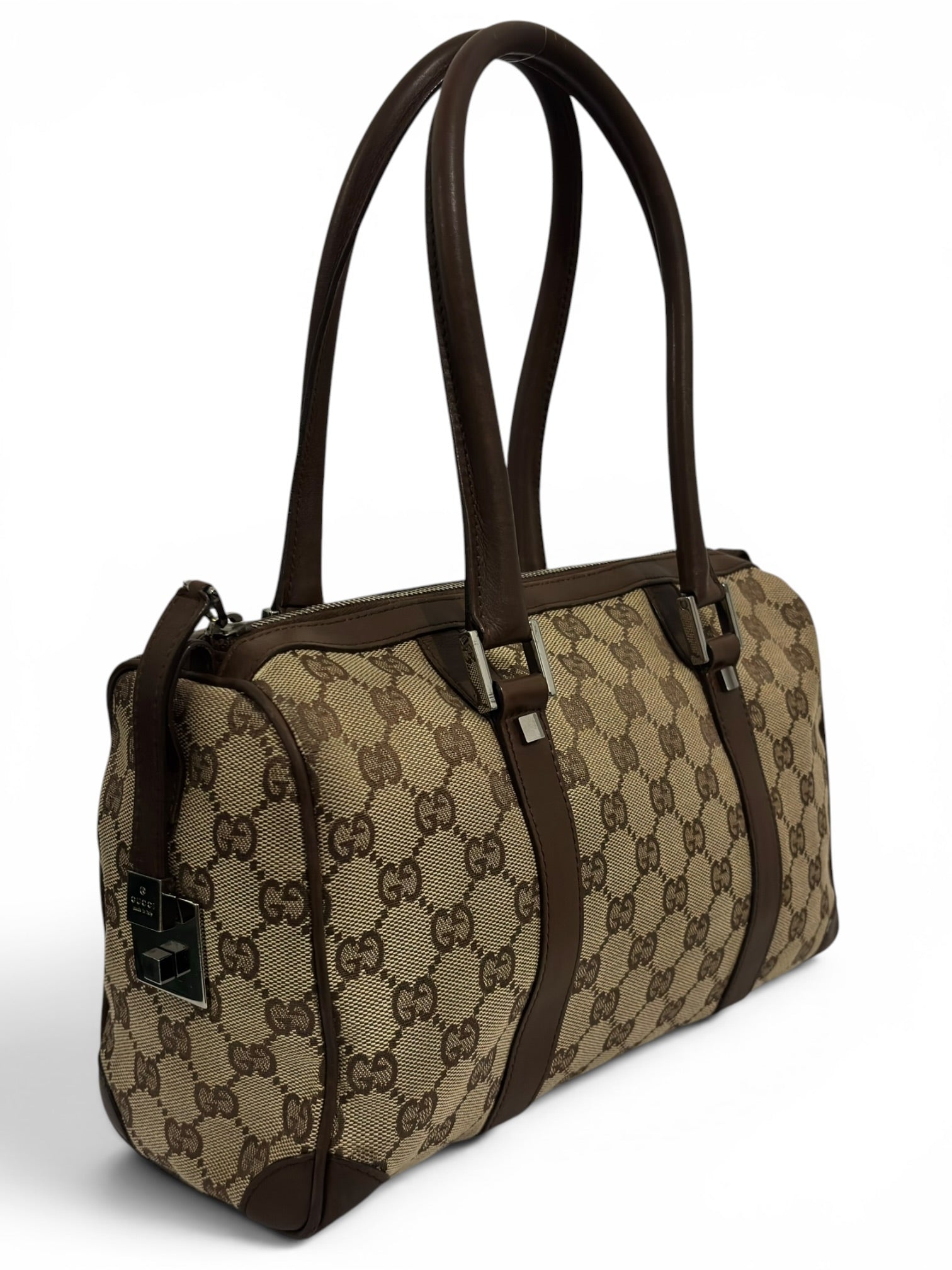 Gucci GG Supreme Beige / Ebony Brown Canvas & Leather Vintage Joy Boston Shoulder Bag
