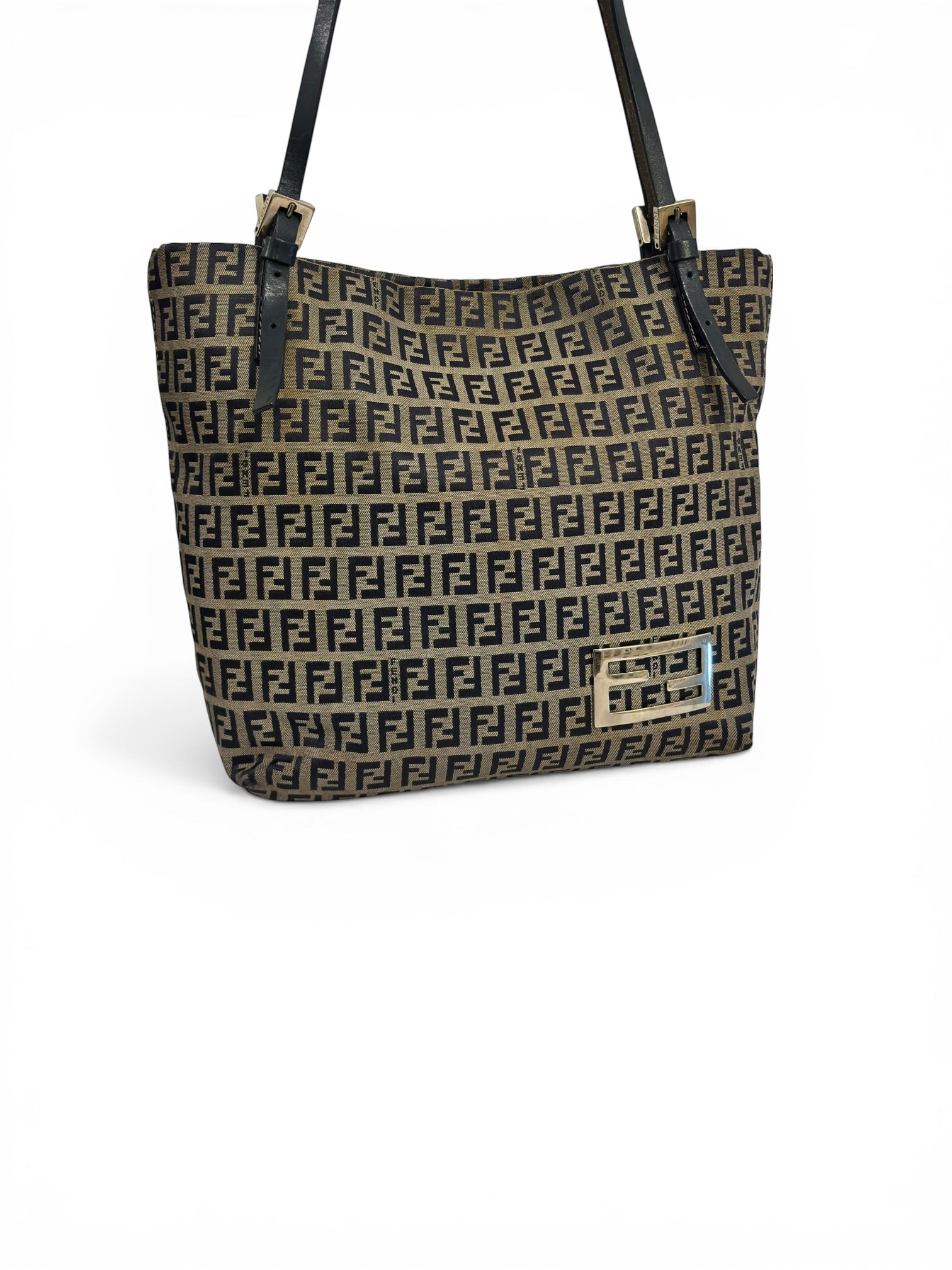 Fendi Zucchino Vitello Brown Grey Navy Monogram Zucca Vintage Tote Shoulder Bag