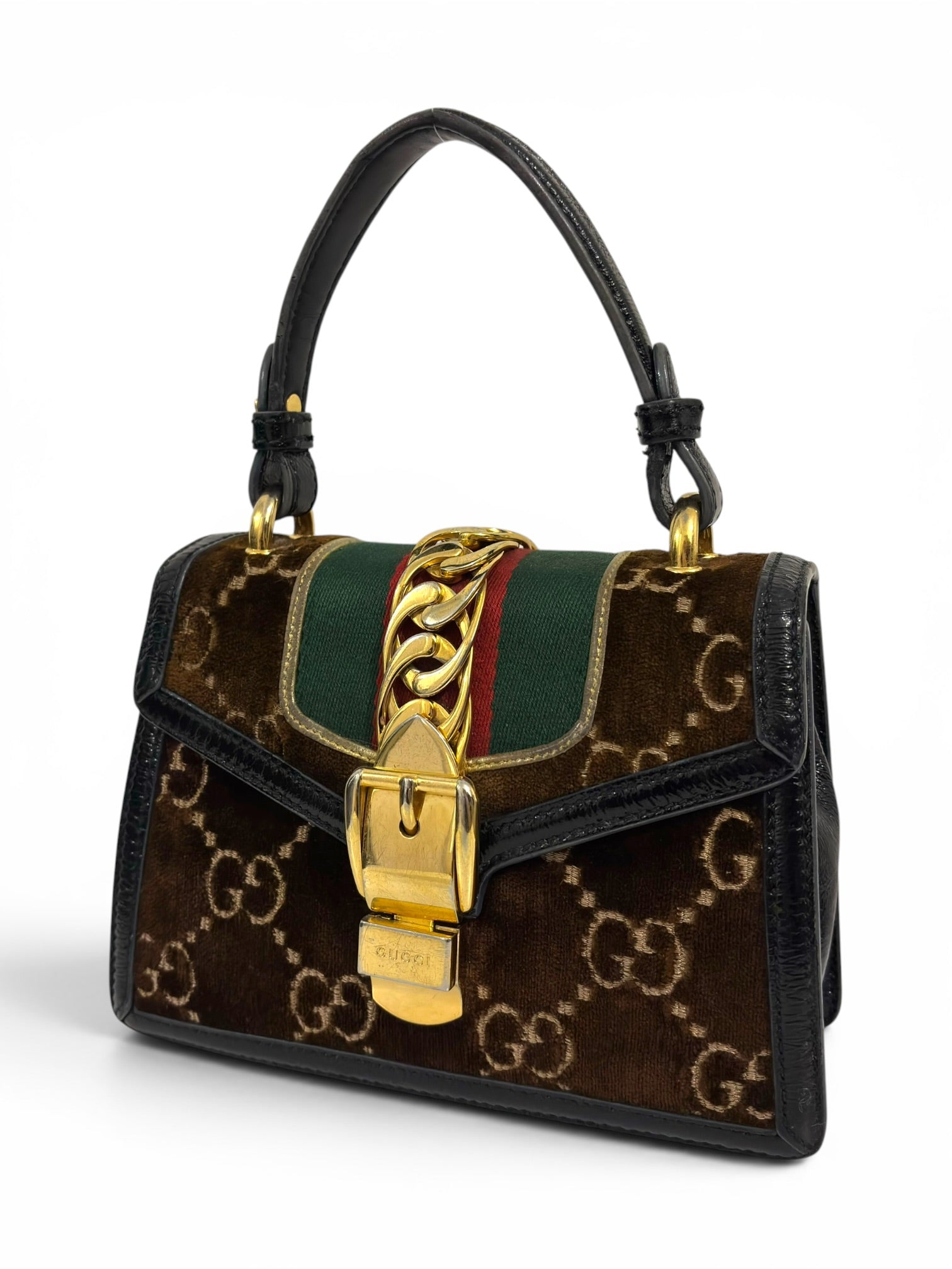 Gucci Sylvie Rare Mini GG Velvet Brown Web Stripe
Gold Hardware 493075 Top Handle Bag